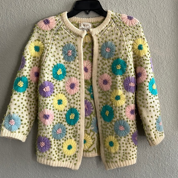 Sweaters - 1950’s Vintage Jeri Jo Cardigan Sweater wool size 36 pastel flower design